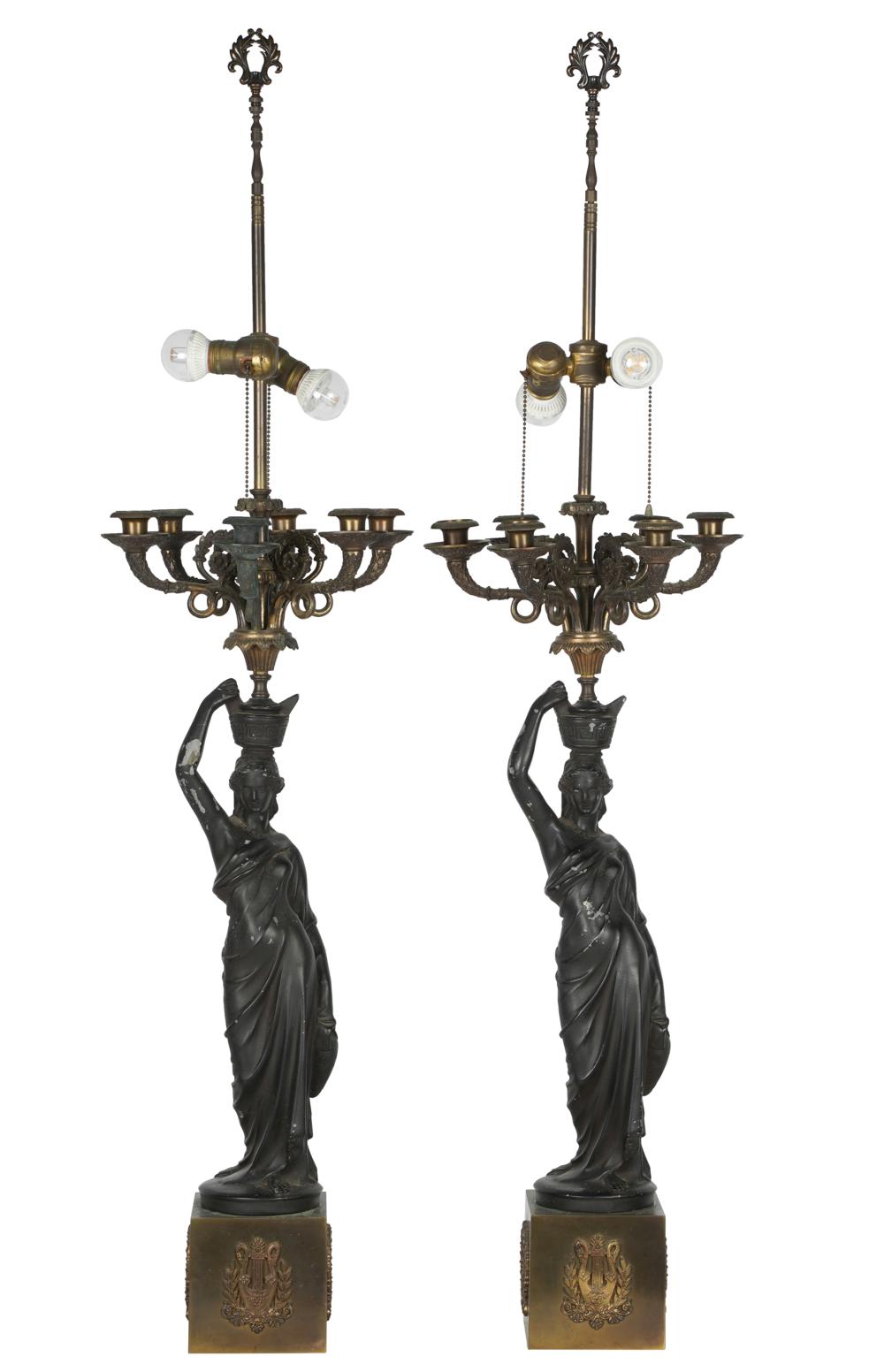 Appraisal: PAIR EMPIRE-STYLE PATINATED METAL FIGURAL CANDELABRAelectrified and mounted as table