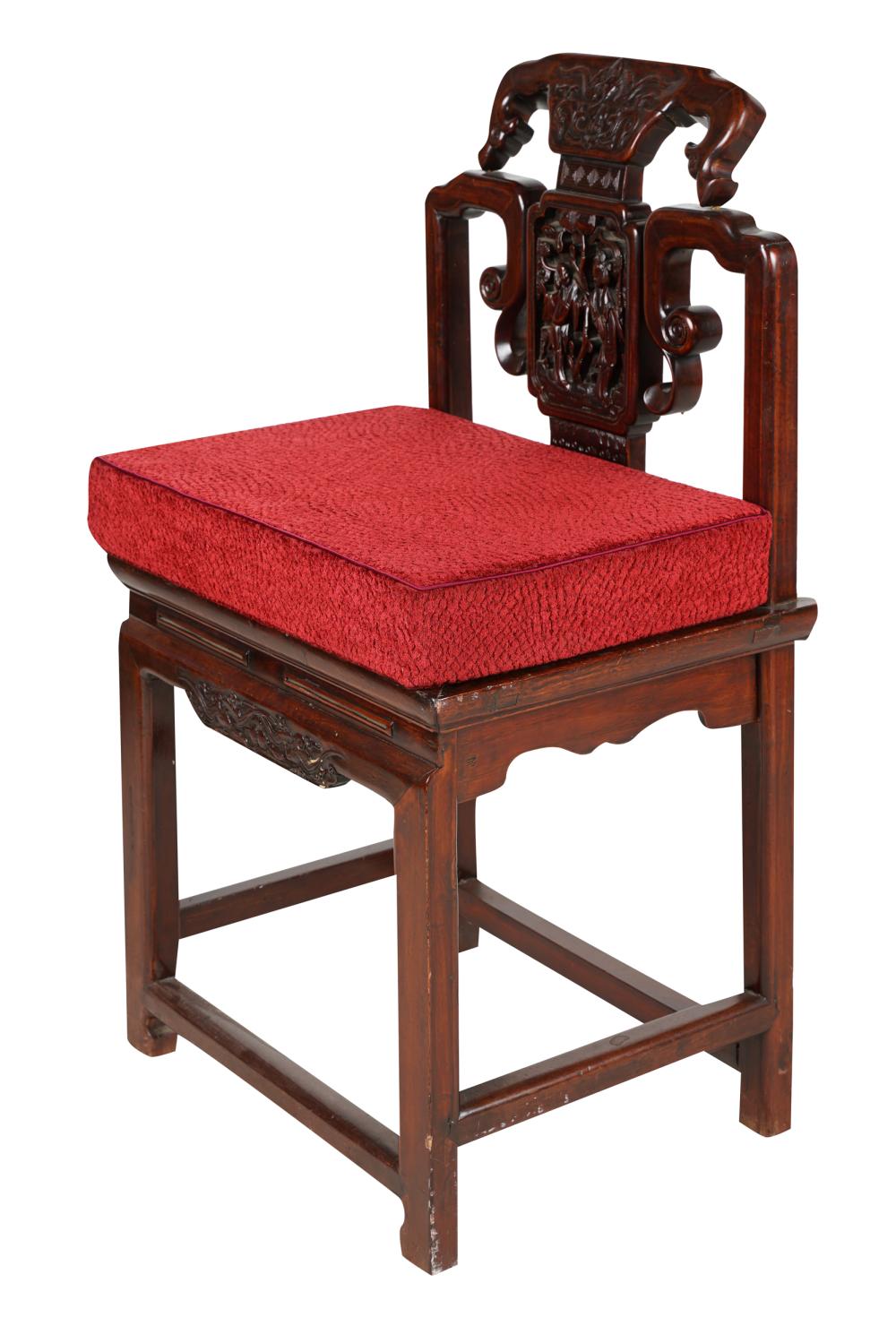 Appraisal: CHINESE CARVED HARDWOOD SIDE CHAIRcarved with figures to splat together