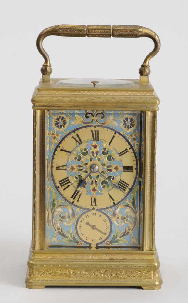 Appraisal: FRENCH CHAMPLEV AND GILT-METAL CARRIAGE CLOCK Retailed by Tiffany Reed