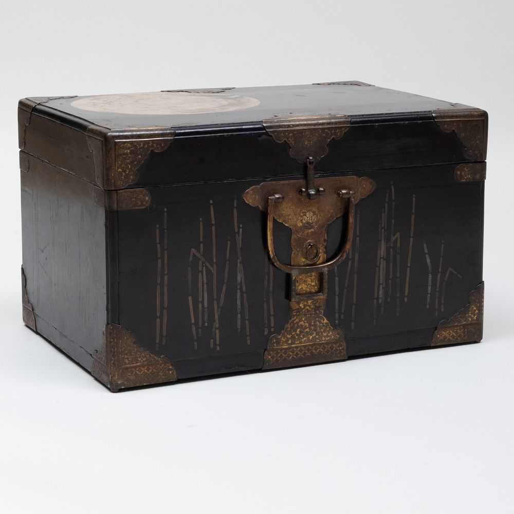 Appraisal: Japanese Brass-Mounted Black Lacquer and Silver-Gilt Trunk x x in