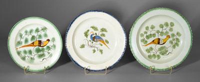 Appraisal: Three pearlware peafowl plates one with perched peacock with mottled