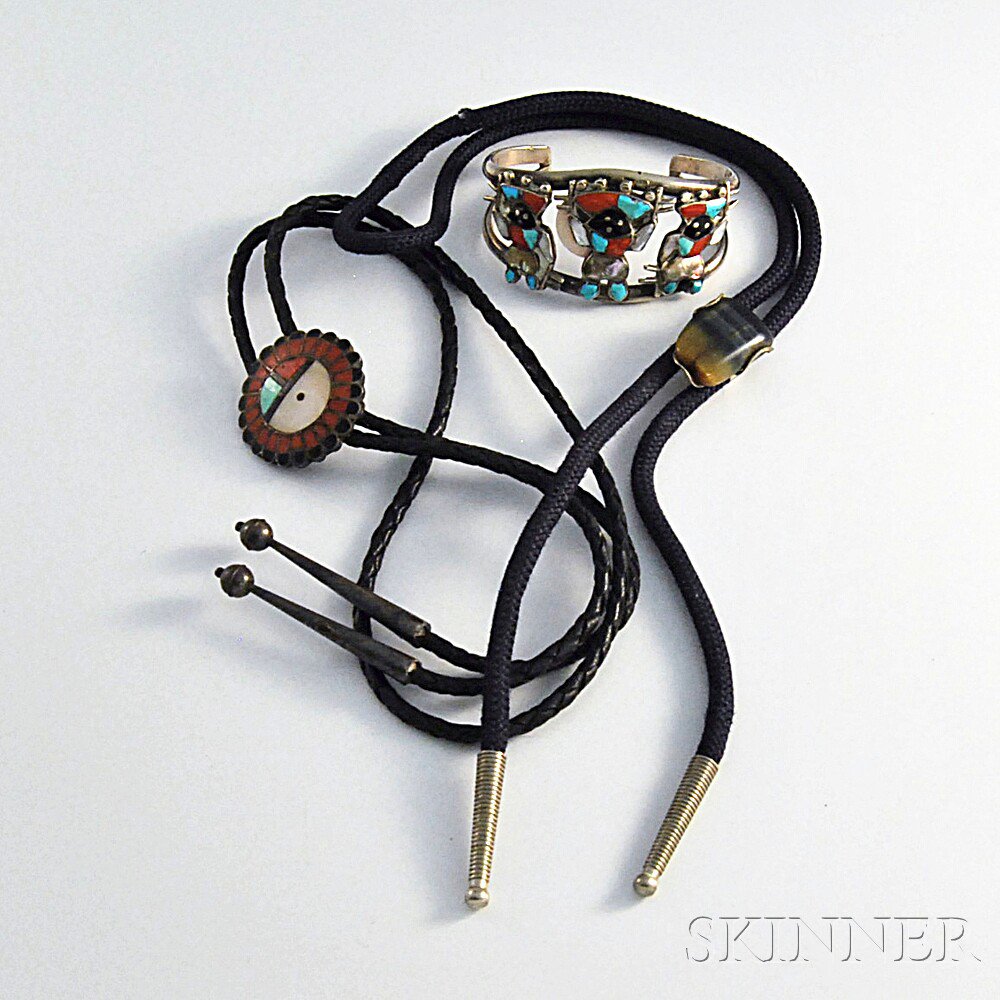 Appraisal: Three Pieces of Zuni Jewelry a Bennett bolo with inset