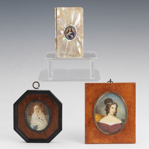 Appraisal: THREE MINIATURE PAINTINGS Including portrait of a young woman with