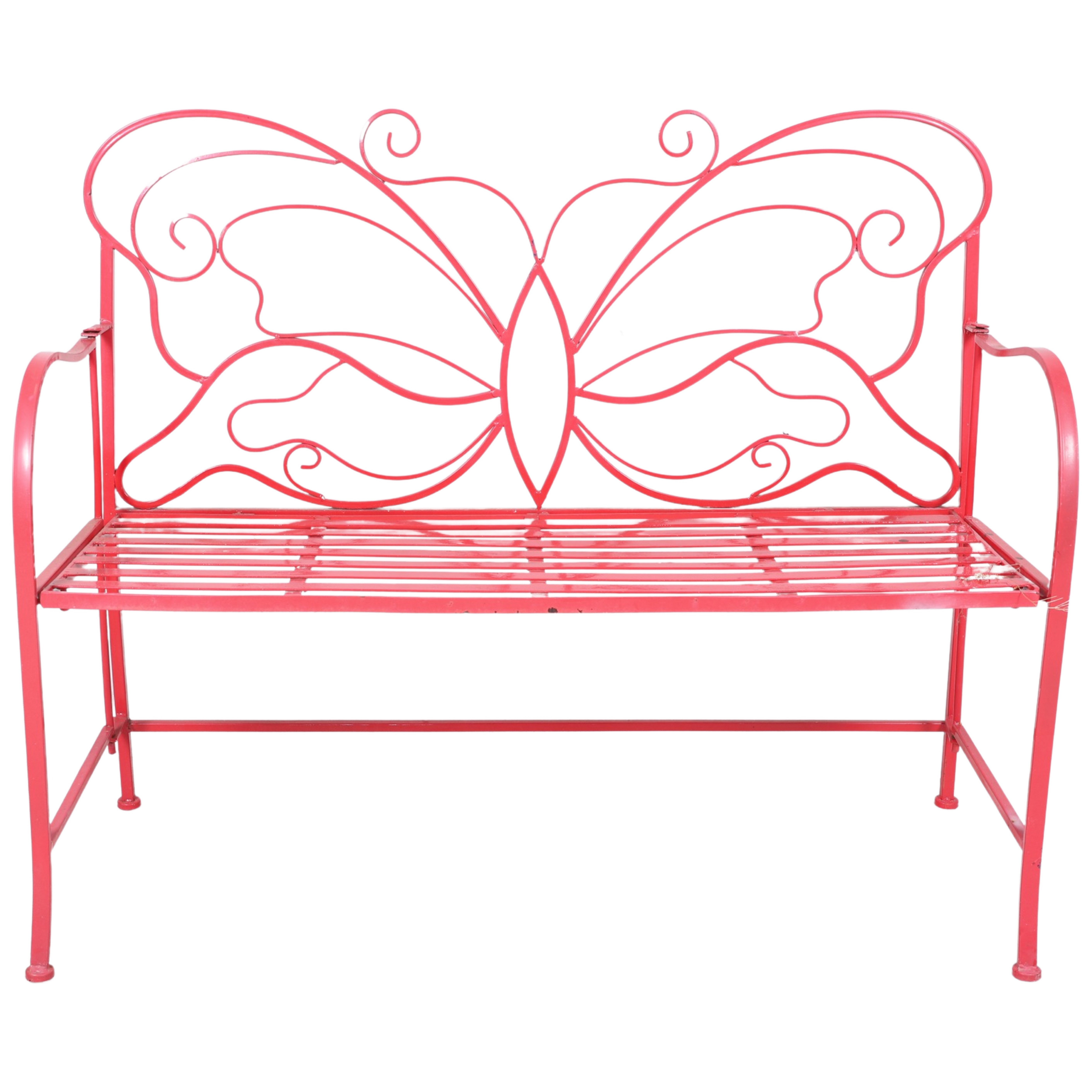 Appraisal: Red painted butterfly garden bench buttery on back Modern Design