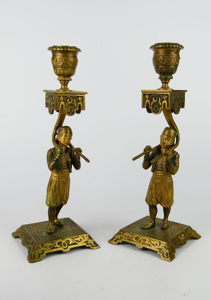 Appraisal: Pr GILT BRONZE FIGURAL BLACKAMOOR BOY CANDLESTICK Pair of early