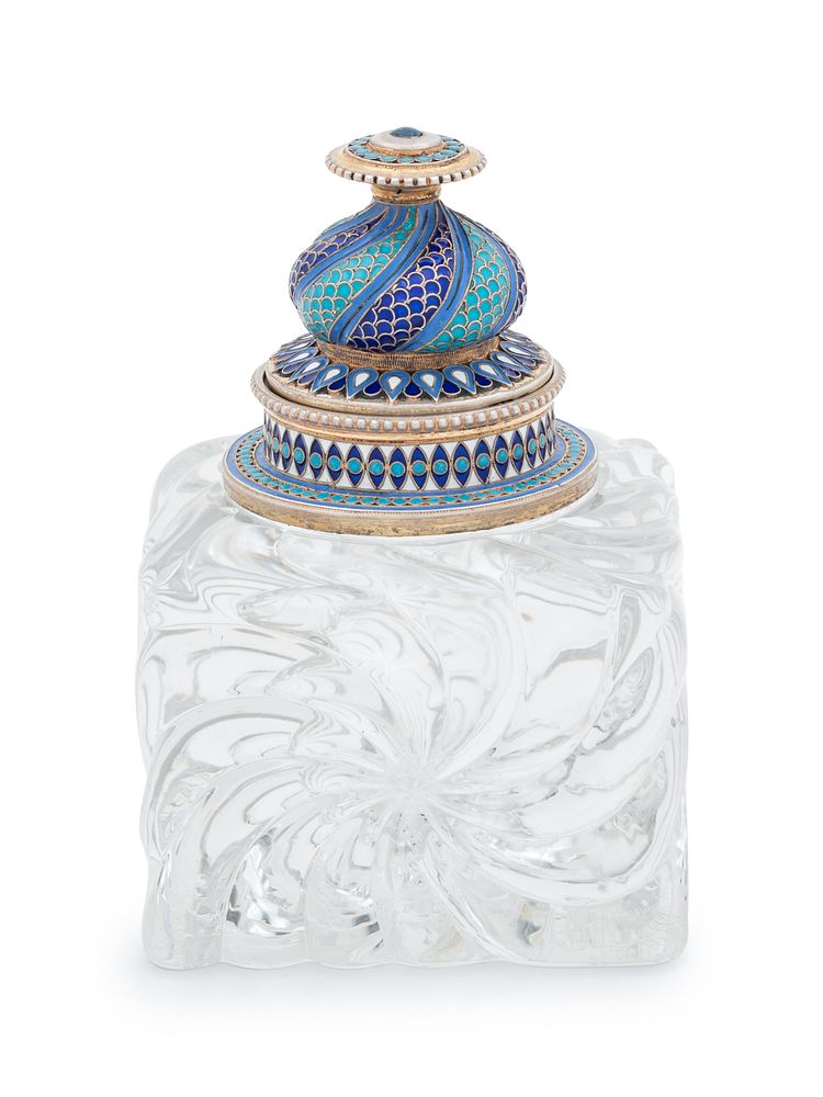 Appraisal: A Russian Silver and Enameled and Cut Glass Inkwell A