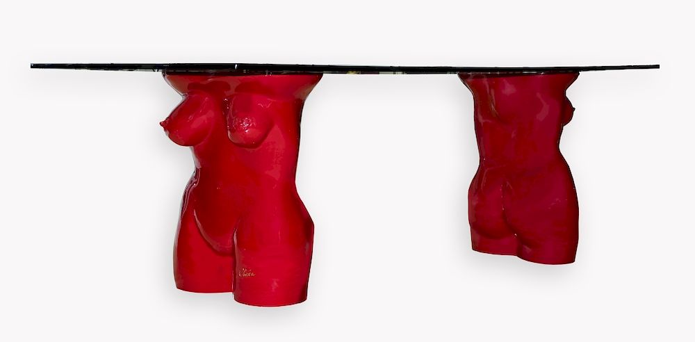 Appraisal: Modernist Red Female Nude Figural Dining Table Modernist female nude