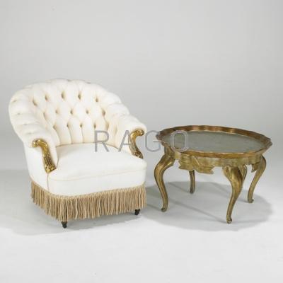 Appraisal: DESIGNER Tufted lounge chair and tray table thc Gilt silvered