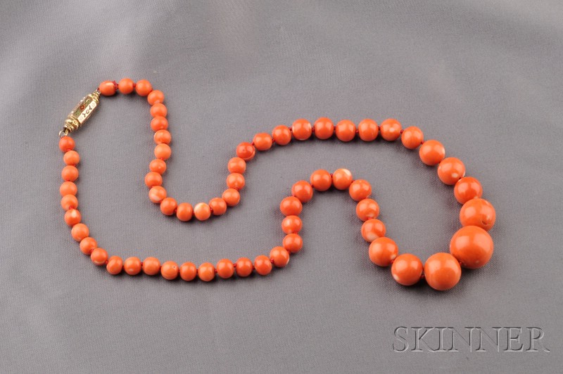 Appraisal: Coral Bead Necklace composed of sixty-three beads graduating in size