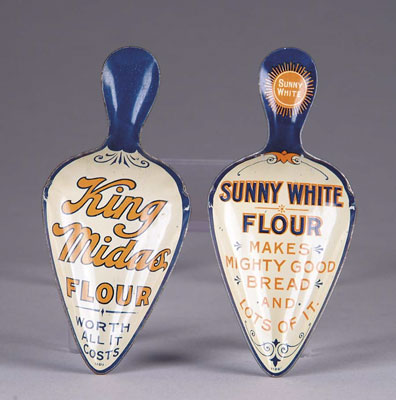 Appraisal: PAIR OF ADVERTISING FLOUR SCOOPS Sunny White Flour and King