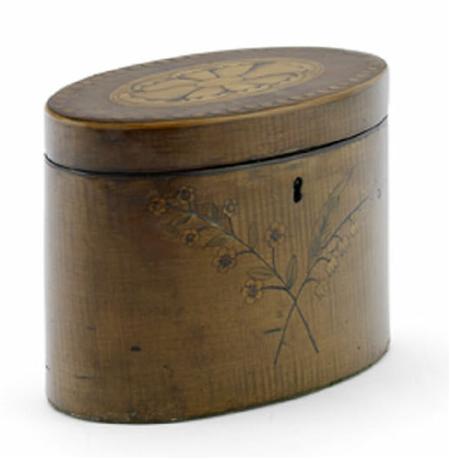 Appraisal: A George III harewood and marquetry tea caddy of oval