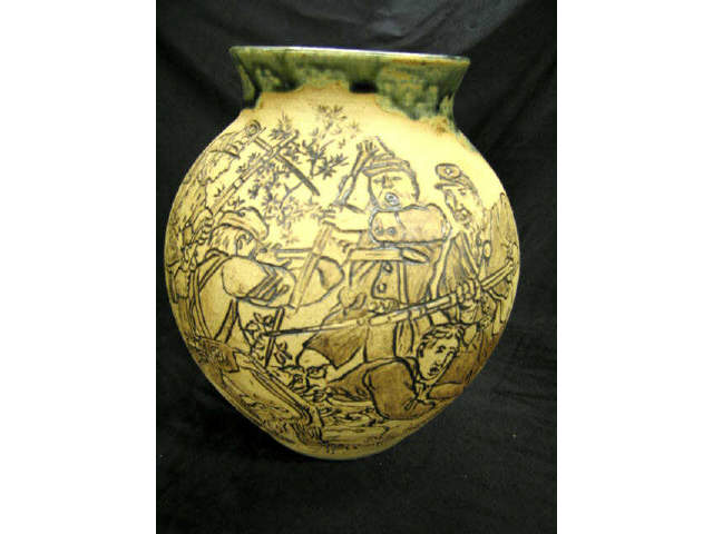 Appraisal: Rodney Leftwich Folk Pottery Vase civil war battle scene