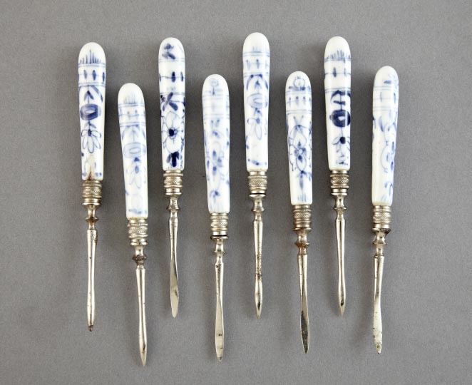 Appraisal: Cased Set of Eight German Porcelain-Handled Silverplate Nut Picks fourth