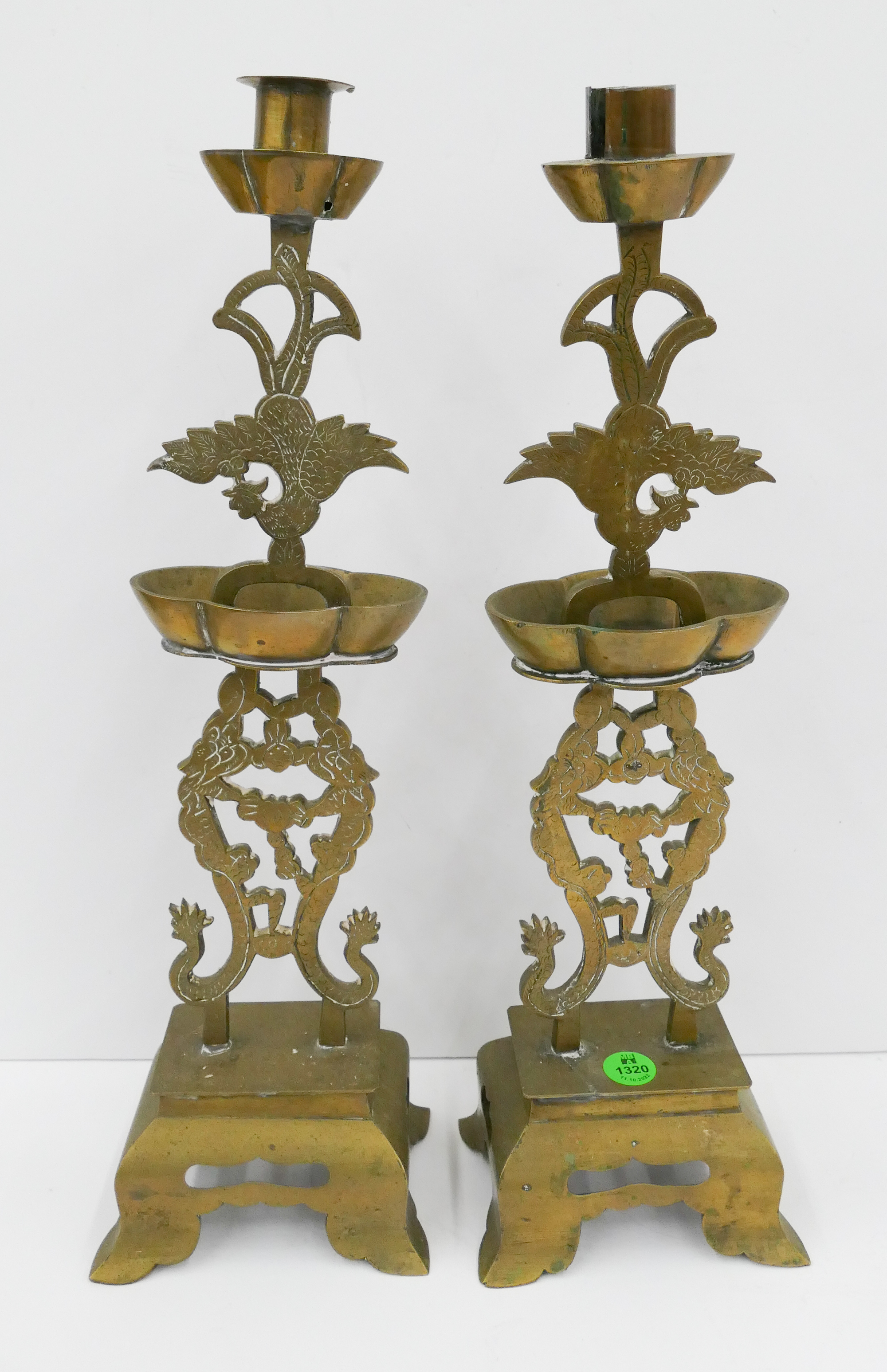 Appraisal: Pair Old Chinese Brass Decorated Candlesticks- ''