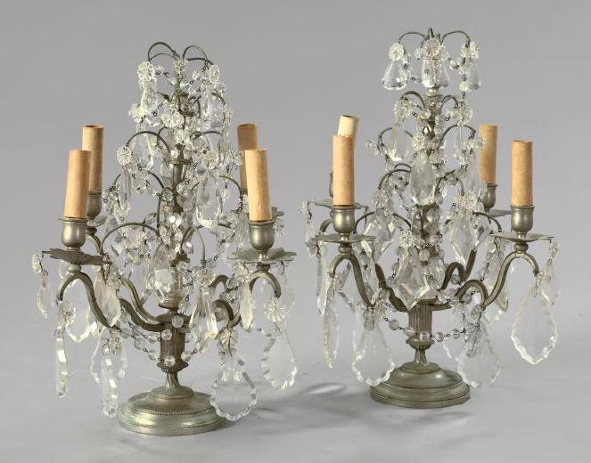 Appraisal: Pair of Brass Argente Four-Light Girandole Candelabra first quarter th