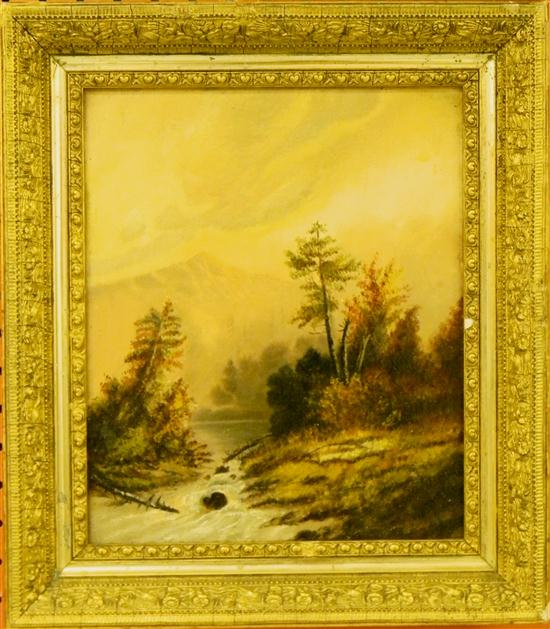 Appraisal: Unsigned oil on canvas autumn landscape with stream past repairs