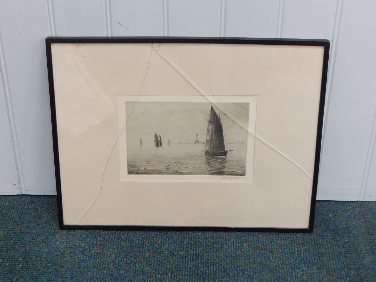 Appraisal: J Beattie Scott Monochrome etching of boats at sail artist