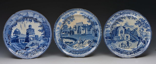 Appraisal: A GROUP OF THREE ROGER'S PORCELAIN PLATES with architectural decoration