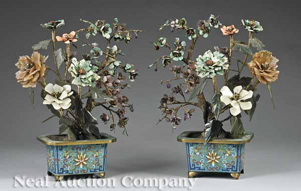 Appraisal: A Pair of Small Carved Hardstone Trees in Cloisonn Jardini