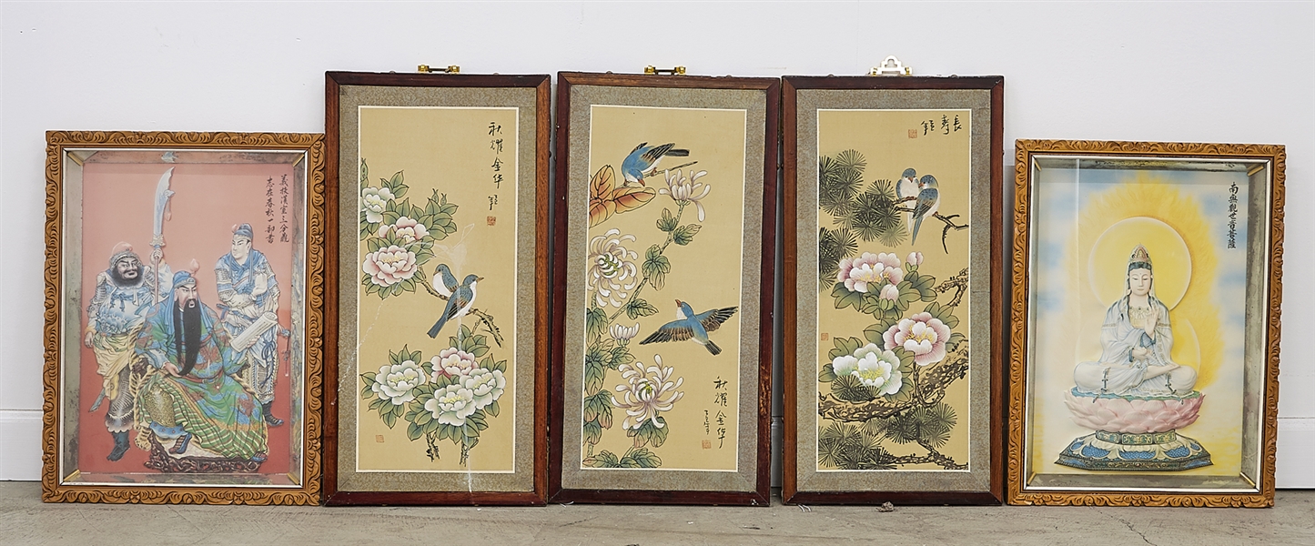 Appraisal: Five Chinese artworks including three paintings of silk depicting flowers