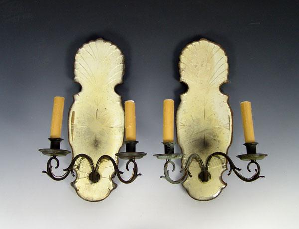 Appraisal: PAIR VENETIAN GLASS MIRRORED SCONCES Electrified light sconces with venetian