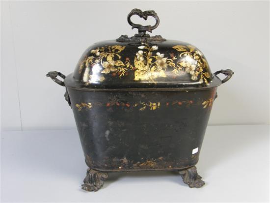 Appraisal: Painted toleware coal box and cover th century painted and