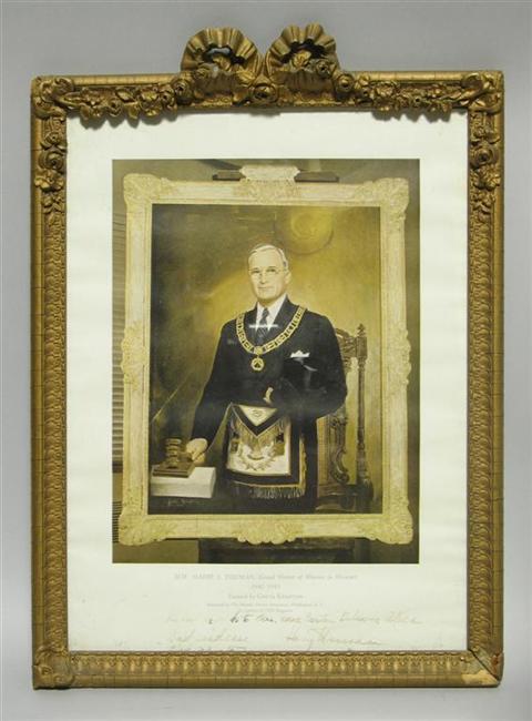 Appraisal: HARRY S TRUMAN SIGNED MASONIC PRINT A print of a