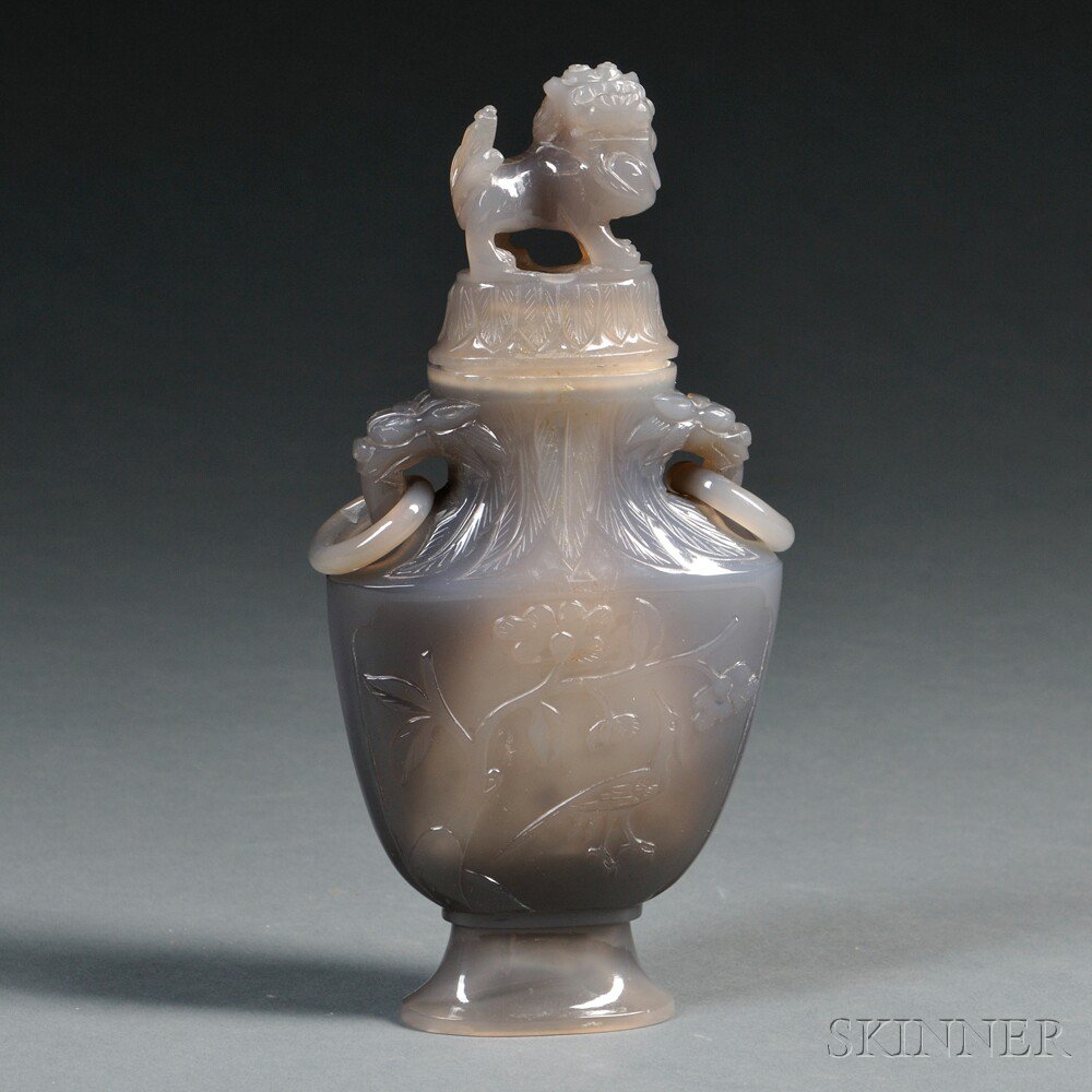 Appraisal: Agate Covered Vase China baluster form carved with peony branches