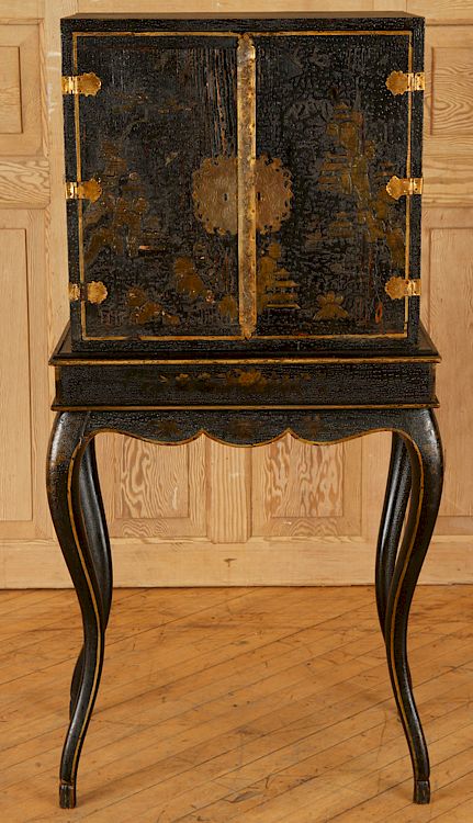 Appraisal: ENGLISH CHINOISERIE CABINET ON STAND An English chinoiserie cabinet raised