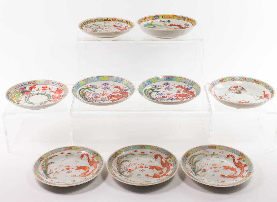 Appraisal: LOT OF FAMILLE ROSE DRAGON DISHES lot of Chinese famille