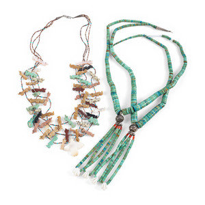 Appraisal: Pueblo Rolled Turquoise Necklace AND Zuni Fetish Necklace third quarter