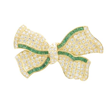 Appraisal: Gold Diamond and Emerald Bow Brooch Estimate -