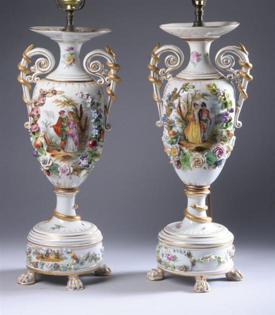 Appraisal: PAIR MEISSEN-STYLE PORCELAIN URNS late th century French each side