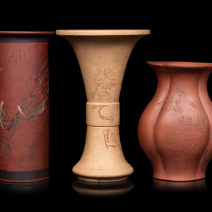 Appraisal: Three Chinese Yixing Zisha Pottery Vases the first of cylindrical