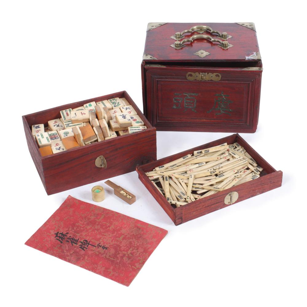 Appraisal: MAHJONG GAME BOX WITH PAINTED BONE TILES ACCESSORIES AND BRASS