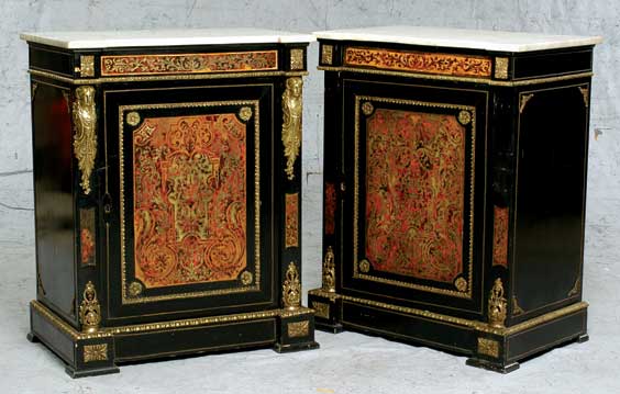 Appraisal: PAIR BOULLE-STYLE CABINETS Pair French boulle-style cabinets each with marble