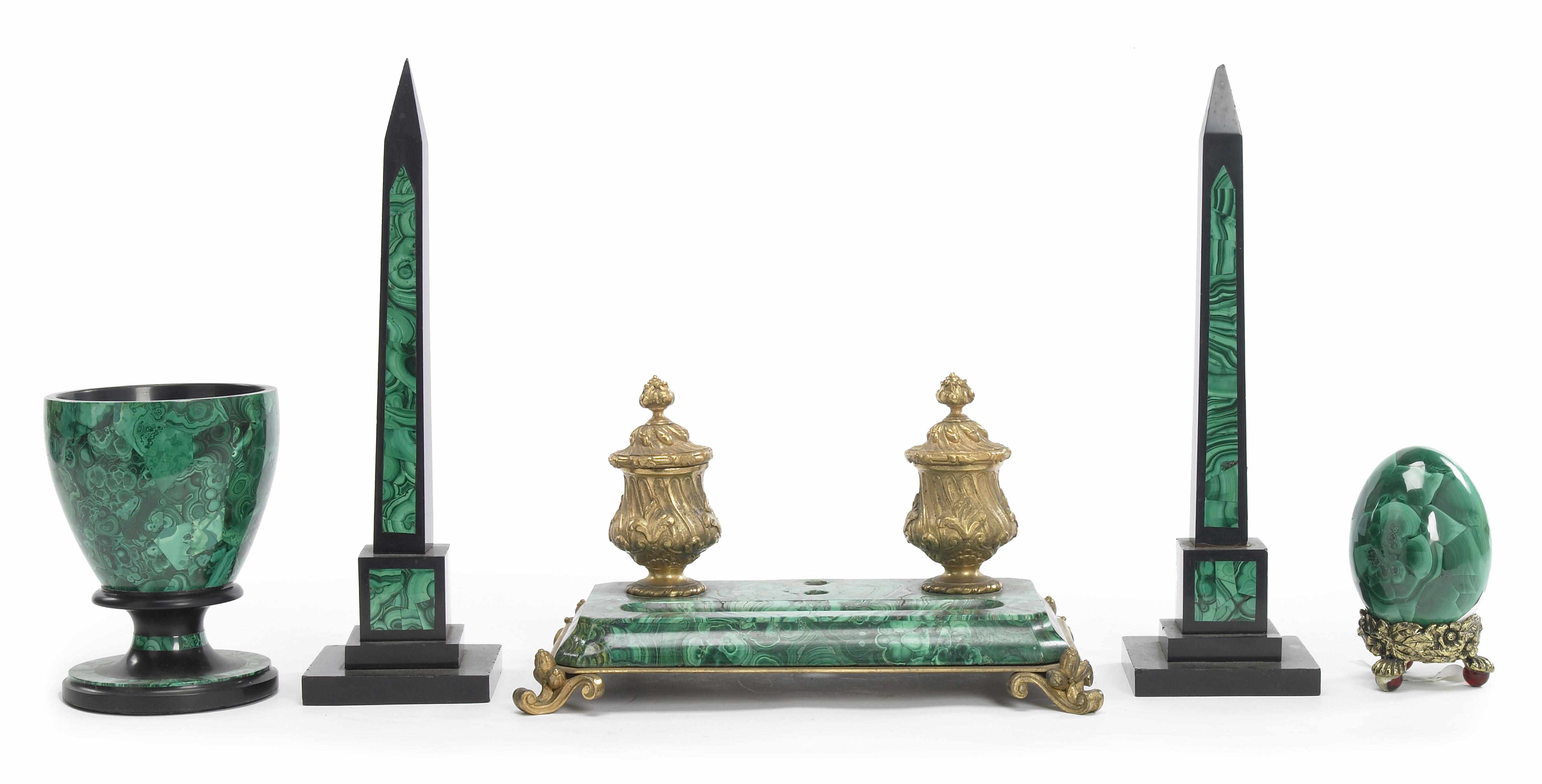 Appraisal: A group of malachite and malachite veneered table articles th