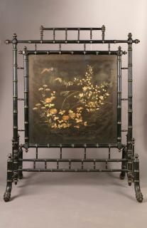 Appraisal: An Aesthetic Movement Fire Screen with Silk Embroidery Panel The