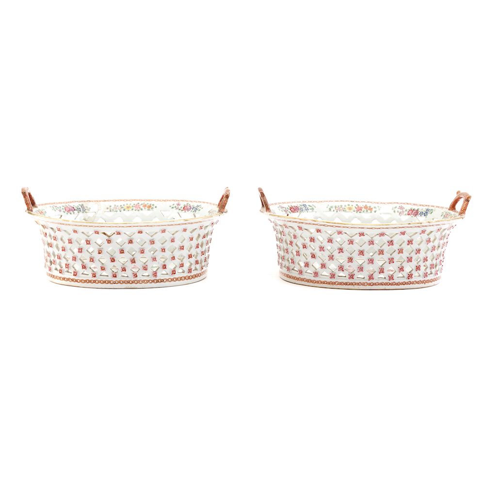 Appraisal: Pair Chinese Export Famille Rose Chestnut Baskets fourth quarter- th