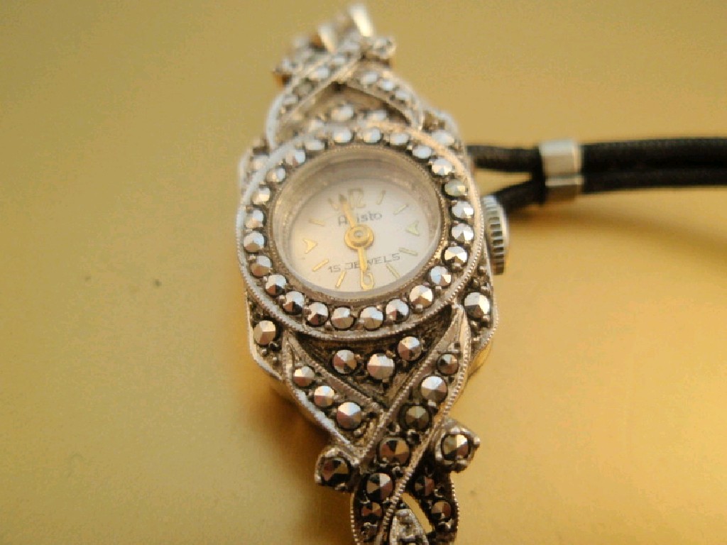 Appraisal: An Aristo silver cased marcasite set cocktail watch