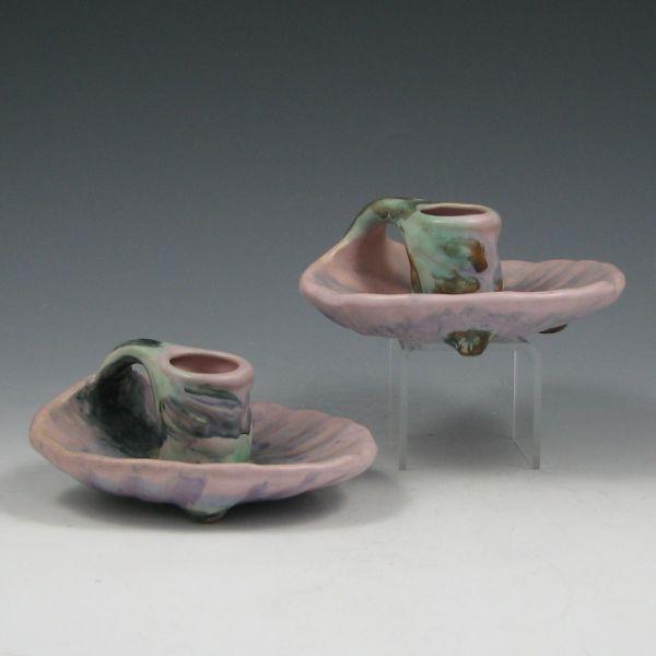 Appraisal: Pair of Weller Sabrinian candleholders Marked with Weller Pottery kiln