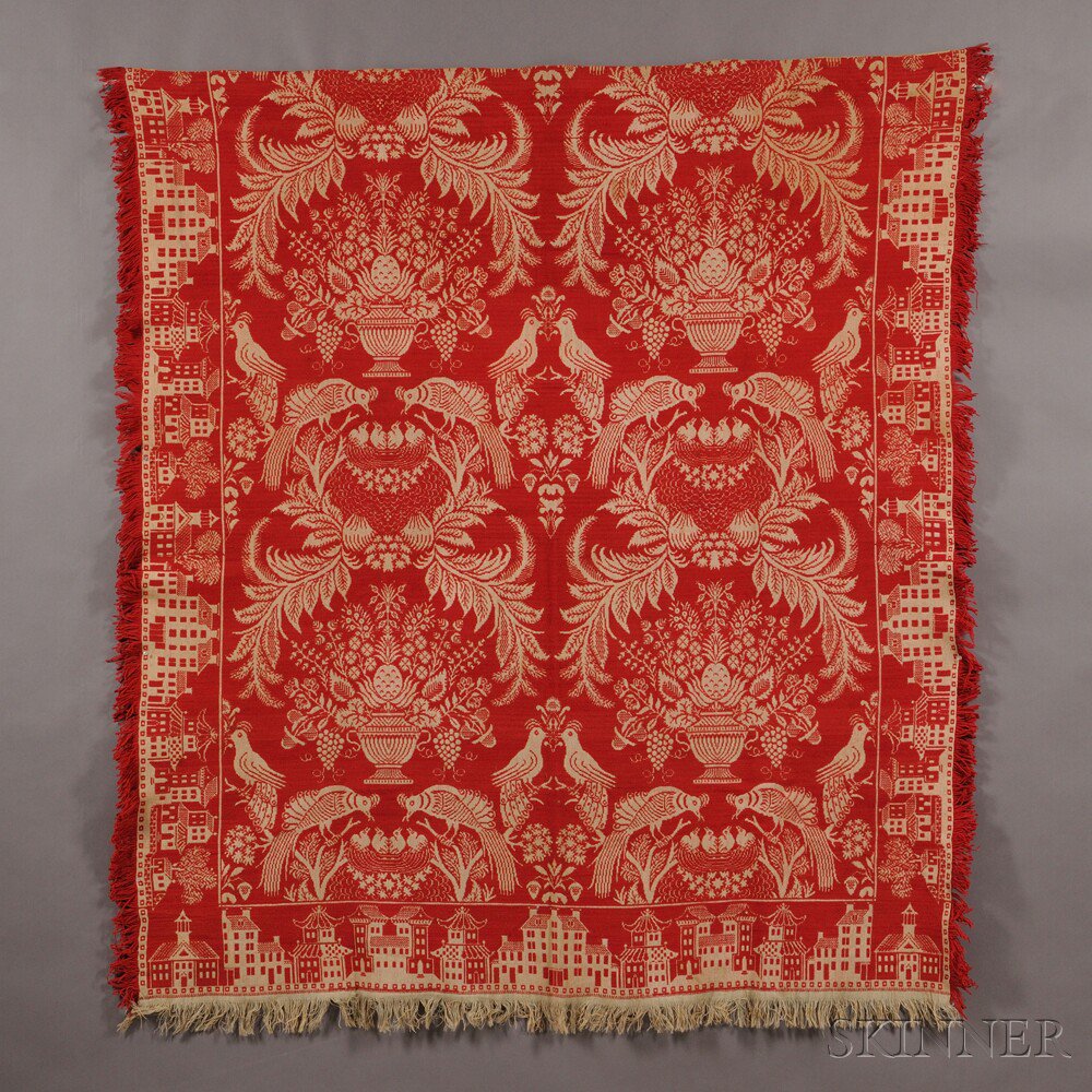 Appraisal: Woven Red and White Tied-Beiderwand Coverlet with Bostontown Border possibly