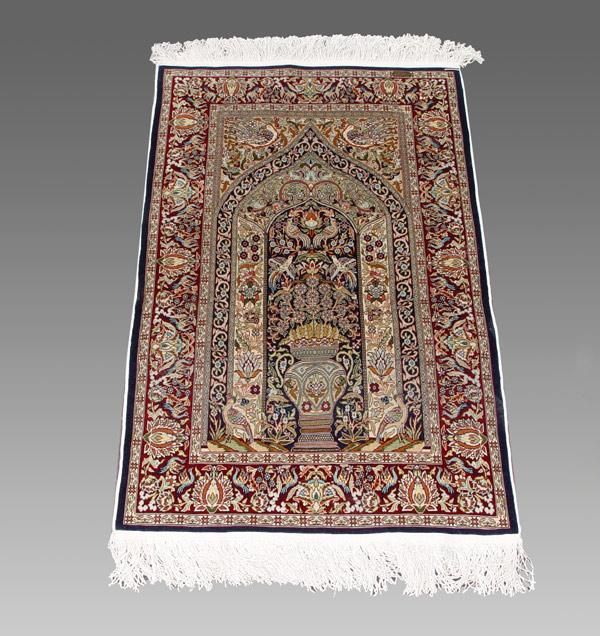 Appraisal: FINE HAND TIED KASHMIR SILK RUG Central flower urn design