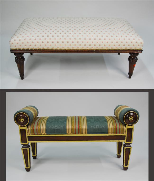 Appraisal: TWO REPRODUCTION UPHOLSTERED BENCHES one neo classical style length inches