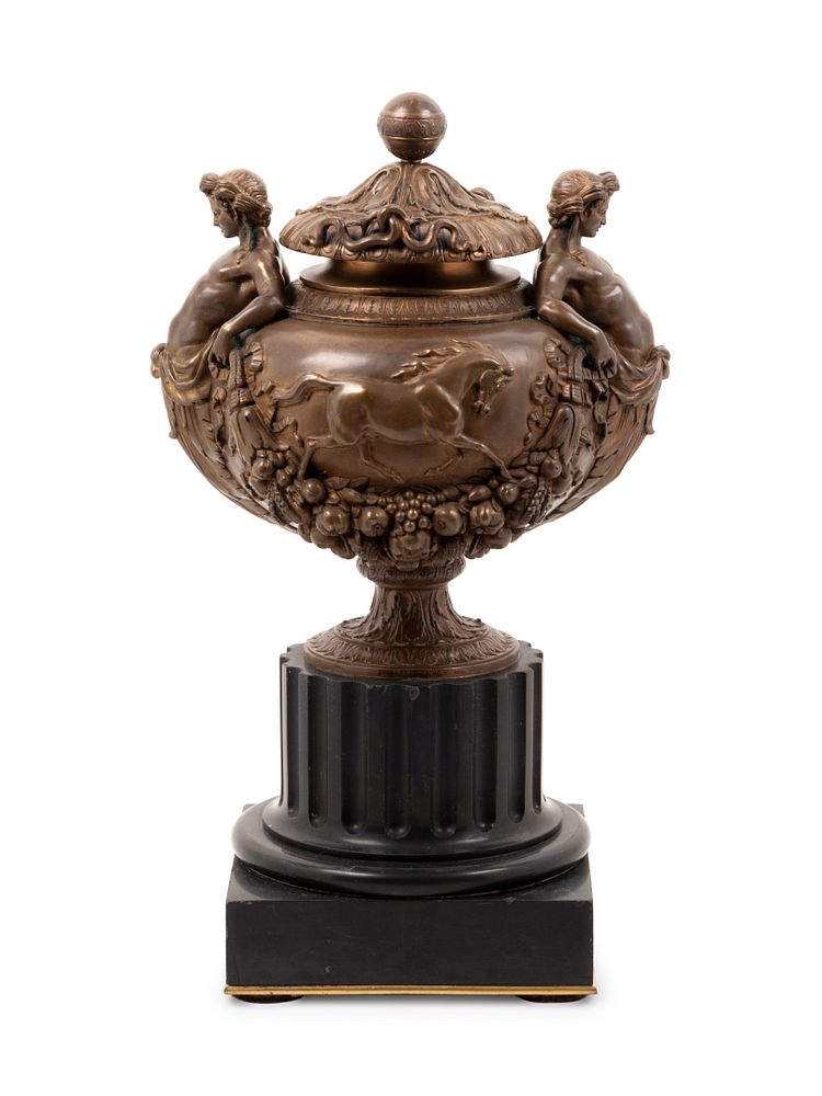 Appraisal: A Neoclassical Bronze and Marble Covered Urn A Neoclassical Bronze