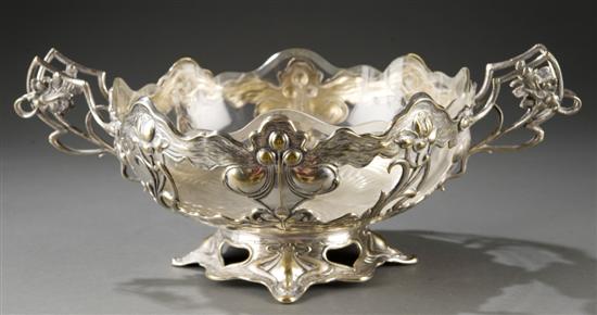 Appraisal: Austrian Art Nouveau two handled silver plate bowl with glass