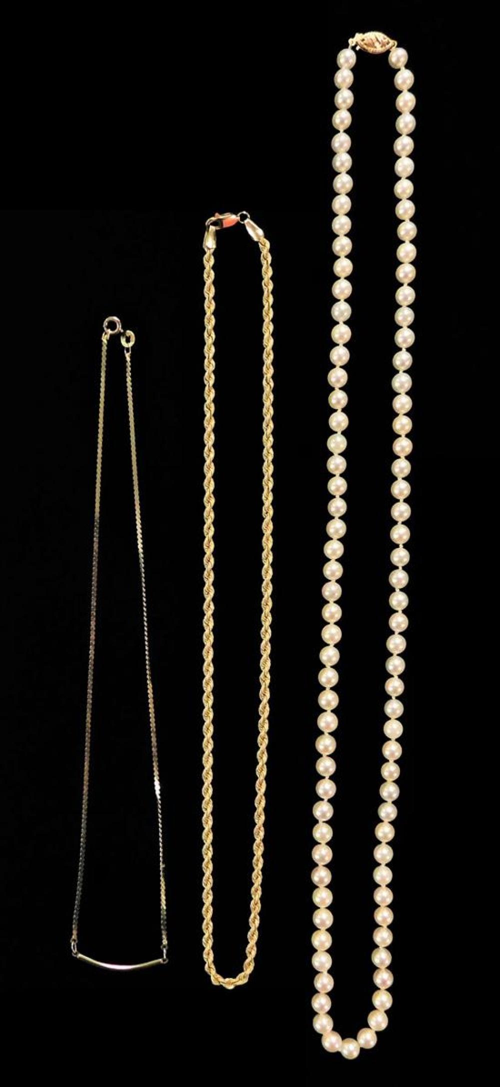 Appraisal: JEWELRY Three K pieces including a chain cultured pearl necklace