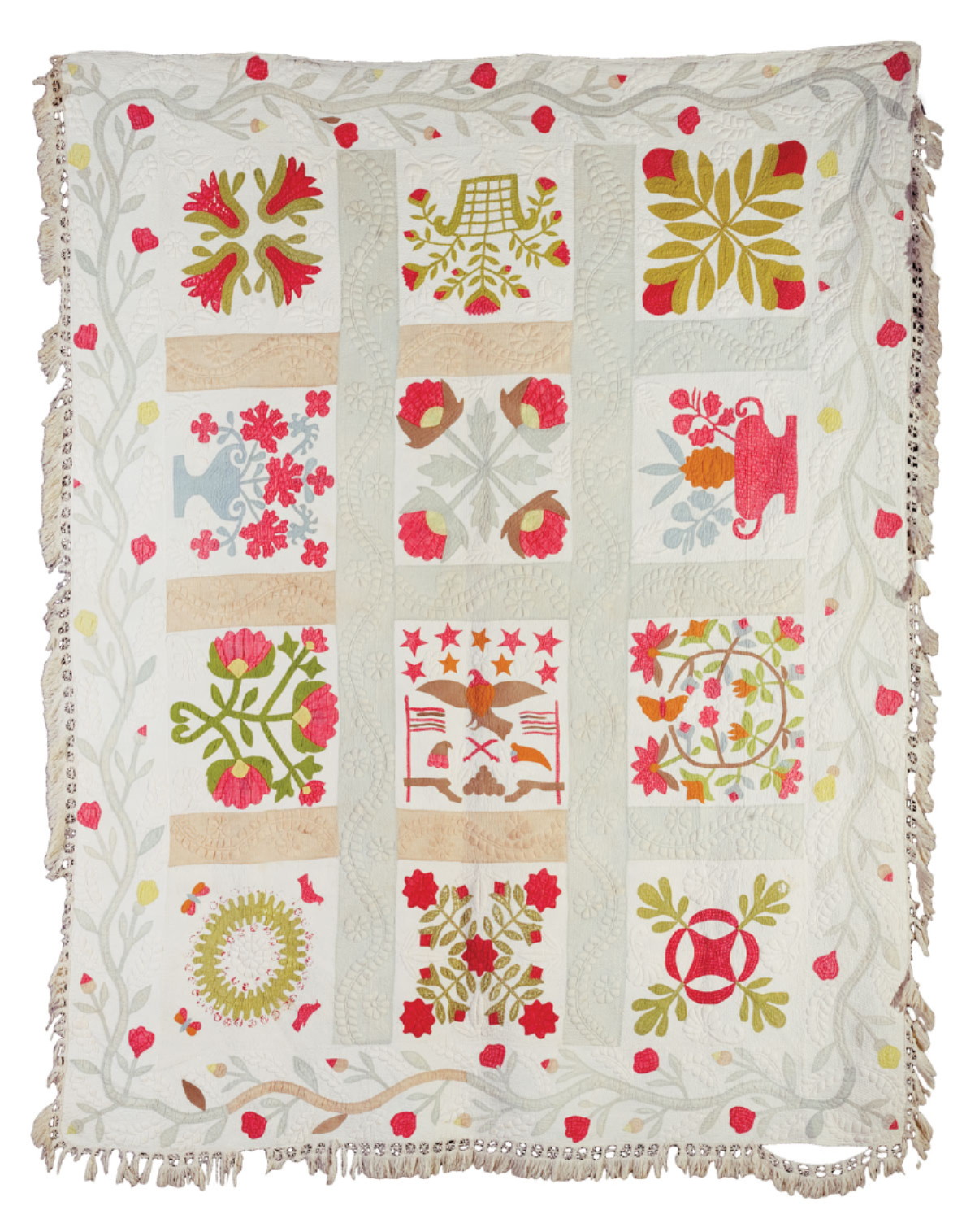 Appraisal: AMERICAN ALBUM QUILT WITH APPLIQUED DECORATION CIRCA Twelve panels eleven