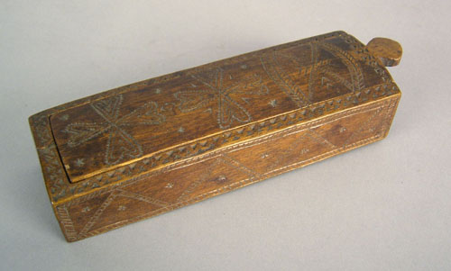 Appraisal: Carved walnut pencil box th c with heart decoration h