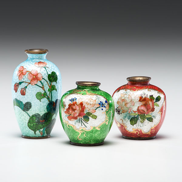 Appraisal: Japanese early th century Three miniature cloisonne cabinet vases with